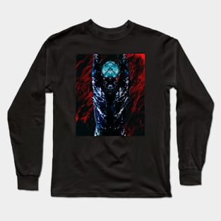 Portrait, digital collage and special processing. Men's back. Mystic. Energy waves. Red and dark blue. Long Sleeve T-Shirt